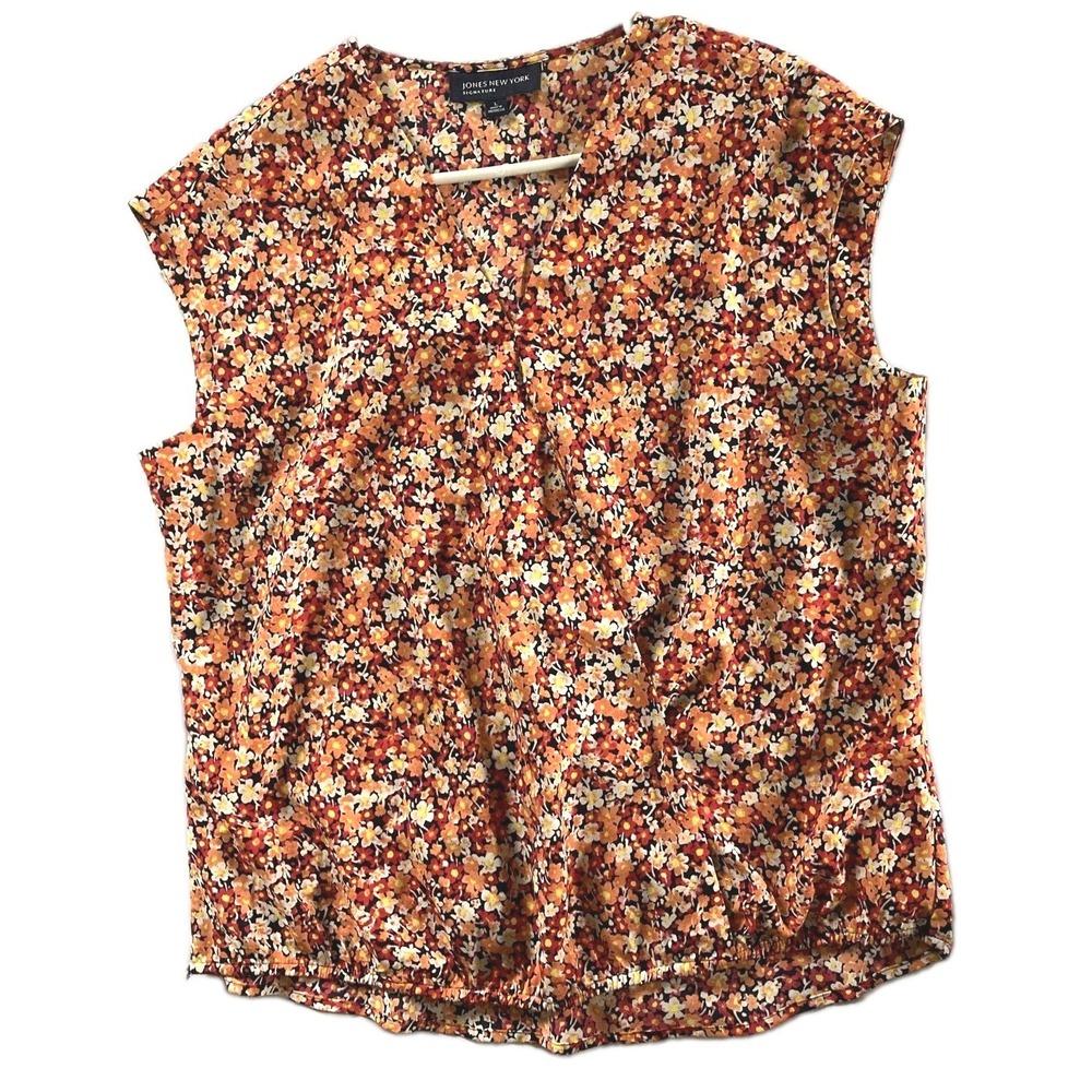 Jones New York Signature Blouse Womens L Floral Sleeveless Top Orange Print EUC